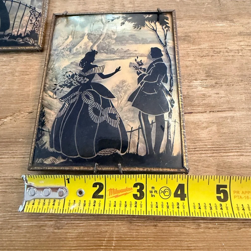 2 1940’s Convex Glass Victorian Art Pictures. Silhouette | Reverse | 4x5